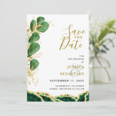 Elegant Emerald en Gold Agate Eucalyptus Wedding Save The Date (Staand voorkant)