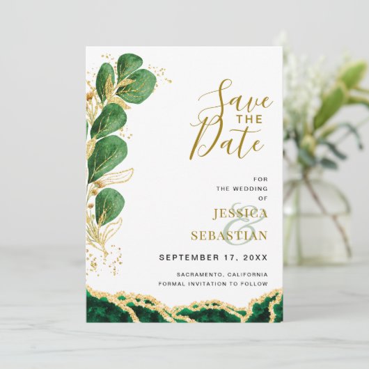Elegant Emerald en Gold Agate Eucalyptus Wedding Save The Date (Staand voorkant)
