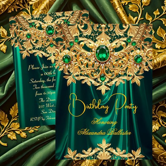 Elegant Emerald gems Gold Lace Damask Birthday Kaart