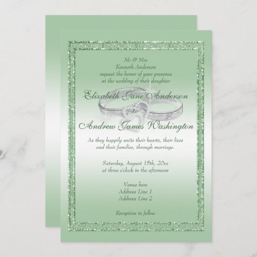 Elegant Emerald Glitter & Silver Wedding Rings Kaart (Voorkant / Achterkant)