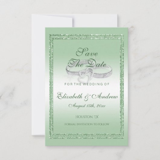 Elegant Emerald Glitter & Silver Wedding Rings Save The Date (Voorkant)