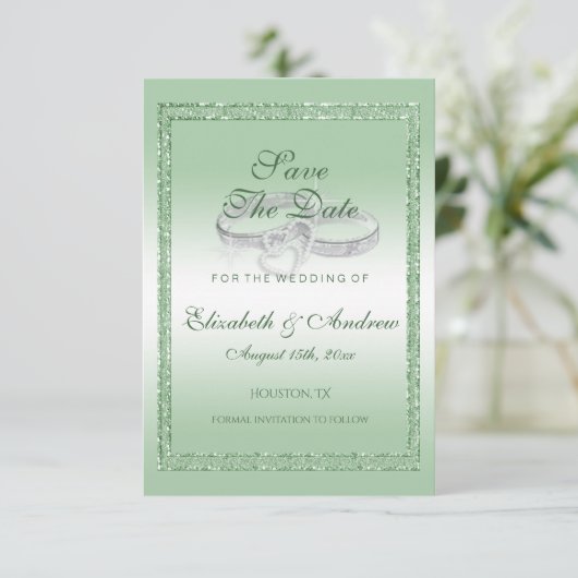 Elegant Emerald Glitter & Silver Wedding Rings Save The Date (Staand voorkant)