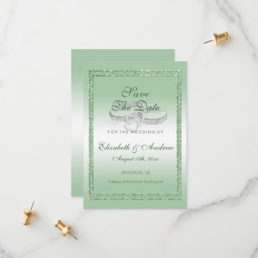 Elegant Emerald Glitter & Silver Wedding Rings Save The Date (Voorkant / Achterkant in situ)