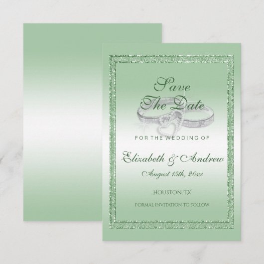 Elegant Emerald Glitter & Silver Wedding Rings Save The Date (Voorkant / Achterkant)