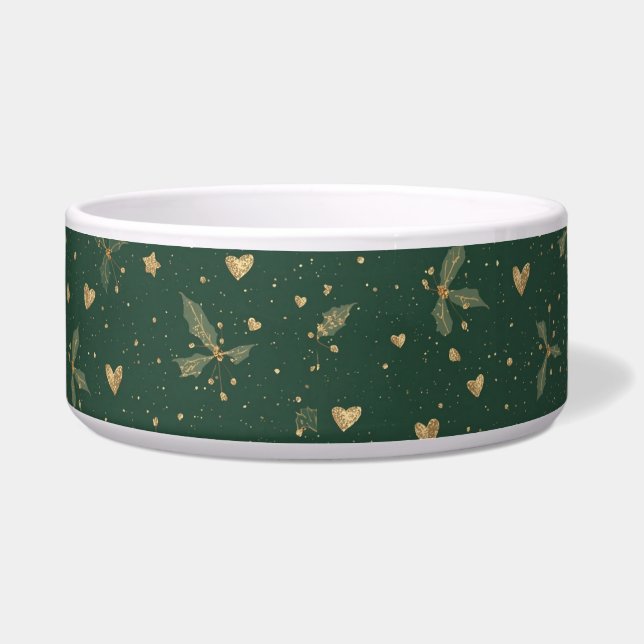 Elegant Emerald & Gold Dog Bowl – Classy Holiday Voerbakje (Voorkant)
