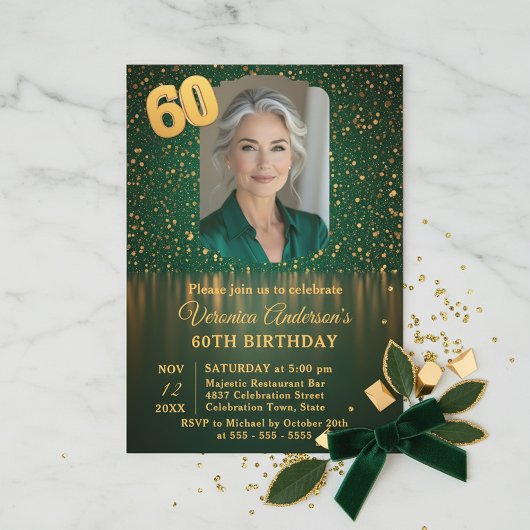 Elegant Emerald Gold Glitter 60th Birthday Party Kaart