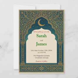 Elegant Emerald & Gold Ornate Arch Wedding Invitat Kaart
