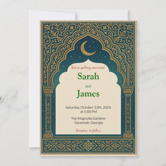 Elegant Emerald & Gold Ornate Arch Wedding Invitat Kaart (Voorkant)