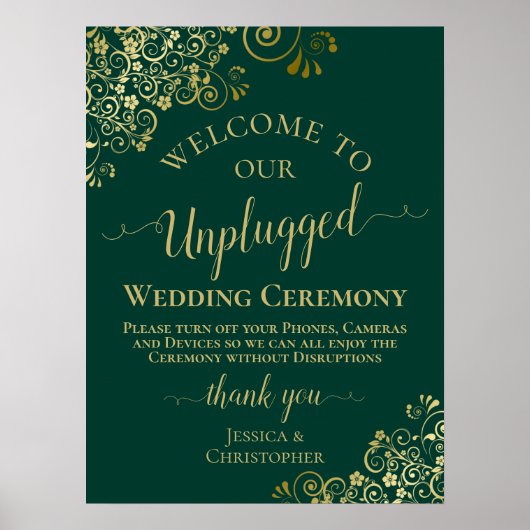 Elegant Emerald & Gold Unplugged Wedding Ceremony Poster (Voorkant)