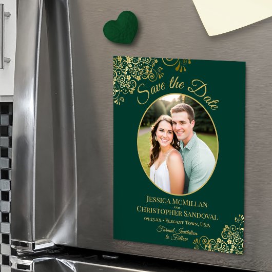 Elegant Emerald & Gold Wedding Save the Date Photo Magnetische Uitnodiging