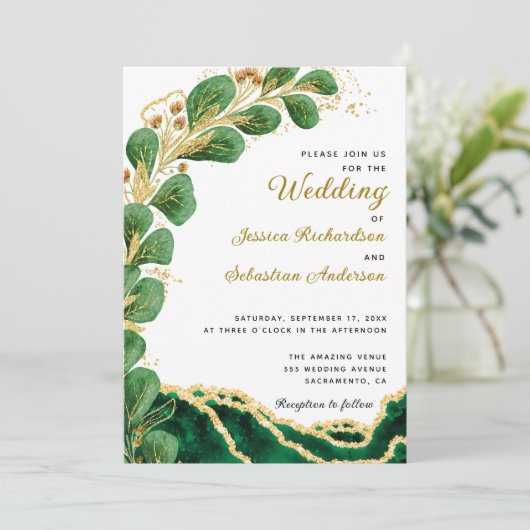 Elegant Emerald Green Agate Eucalyptus Wedding Kaart (Staand voorkant)
