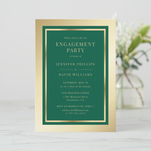 Elegant Emerald Green and Gold Engagement Party Kaart (Staand voorkant)
