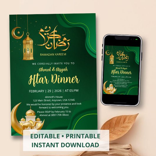 Elegant Emerald Green and Gold Iftar Ramadan Kaart