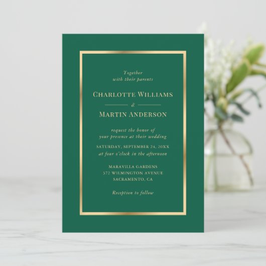 Elegant Emerald Green and Gold Wedding Kaart (Staand voorkant)