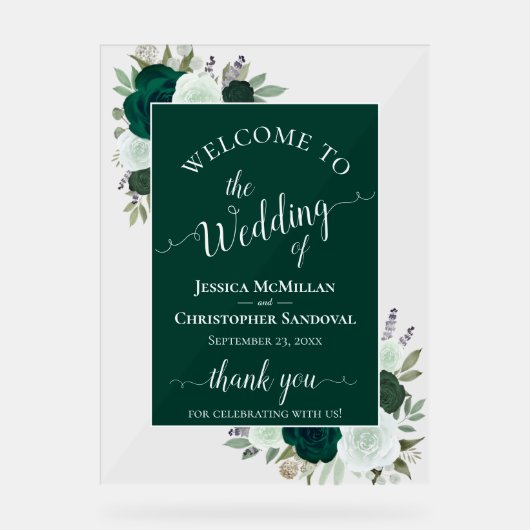 Elegant Emerald Green Boho Roses Wedding Welcome Acryl Bord (Voorkant)