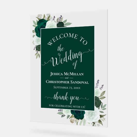 Elegant Emerald Green Boho Roses Wedding Welcome Acryl Bord (Hoek)