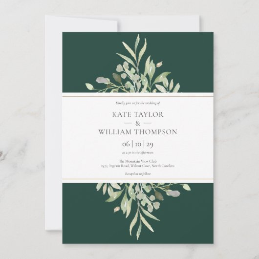 Elegant Emerald Green Botanical Wedding Invitation Kaart (Voorkant)