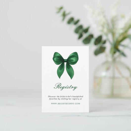 Elegant Emerald Green Bow Bridal Shower Registry Informatiekaartje (Staand voorkant)