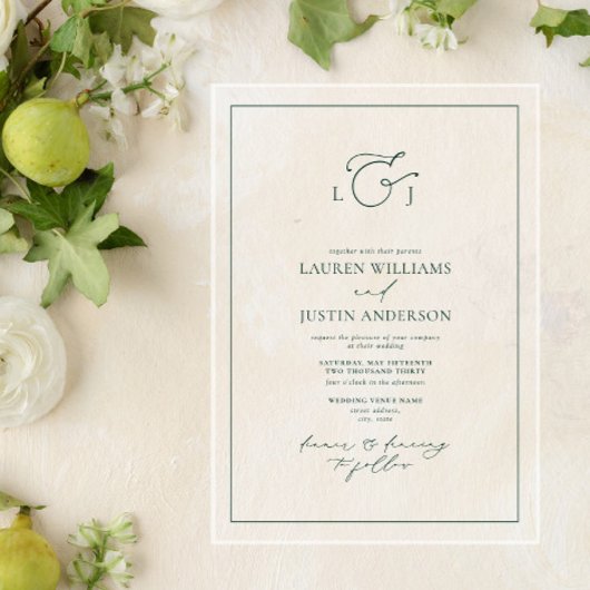 Elegant Emerald Green Calligraphy Monogram Wedding Acryl Uitnodigingen