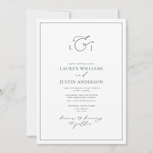 Elegant Emerald Green Calligraphy Monogram Wedding Kaart (Voorkant)
