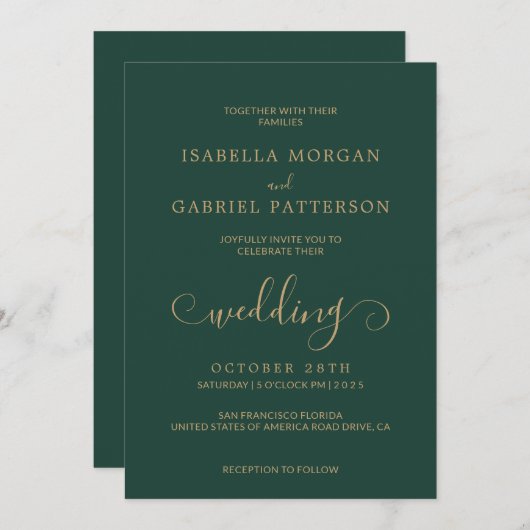 Elegant Emerald Green Calligraphy Script Wedding Kaart (Voorkant / Achterkant)