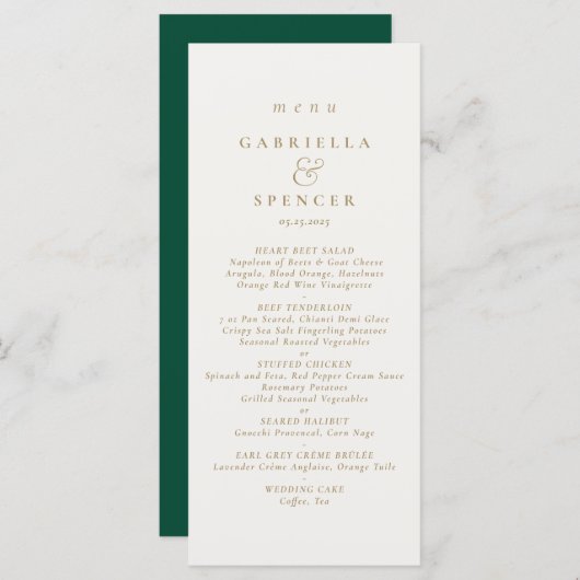 Elegant Emerald Green Cream Gold Wedding Menu (Voorkant / Achterkant)
