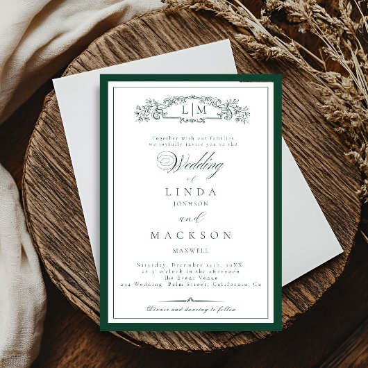 Elegant Emerald Green Crest Monogram Wedding In Kaart
