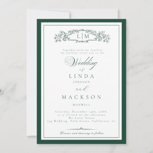 Elegant Emerald Green  Crest Monogram Wedding   In Kaart (Voorkant)