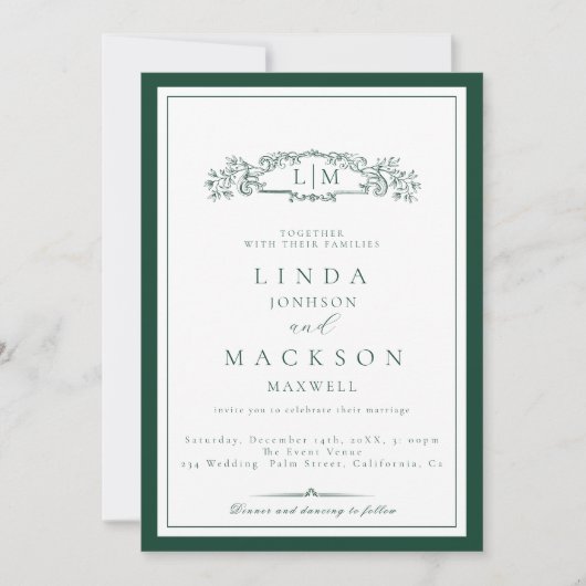 Elegant Emerald Green Crest Monogram Wedding Kaart (Voorkant)