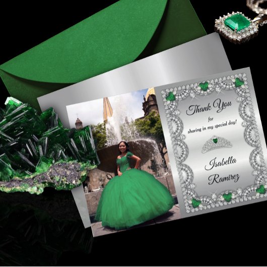 Elegant Emerald Green | Diamond Crown Quinceañera Bedankkaart