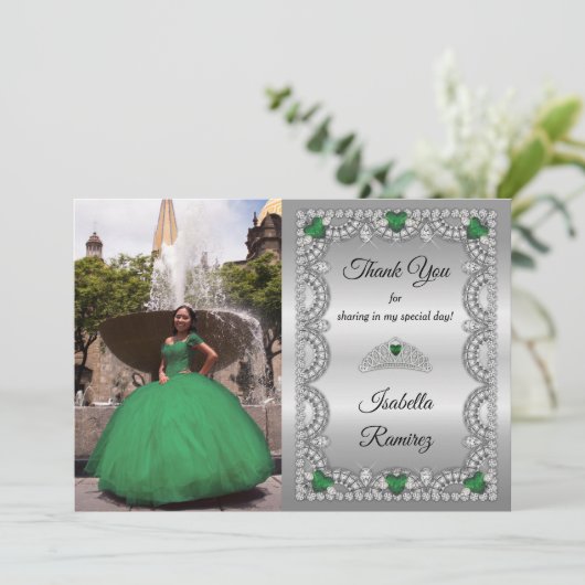 Elegant Emerald Green | Diamond Crown Quinceañera Bedankkaart (Staand voorkant)