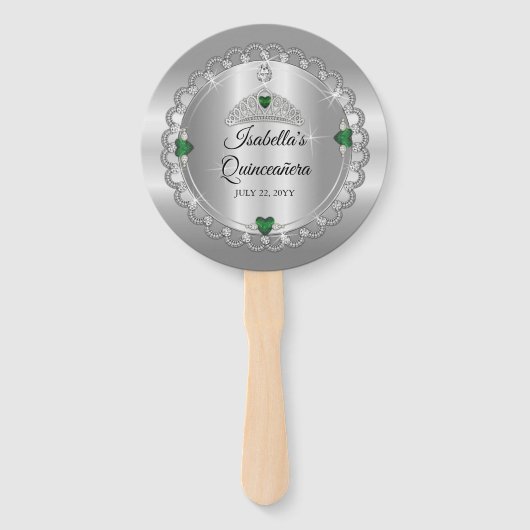 Elegant Emerald Green | Diamond Crown Quinceañera Handwaaier (Voorkant)
