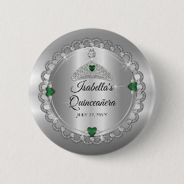 Elegant Emerald Green | Diamond Crown Quinceañera Ronde Button 5,7 Cm