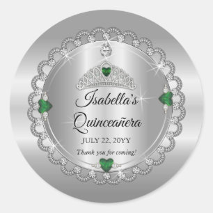 Elegant Emerald Green Diamond Crown Quinceañera Ronde Sticker