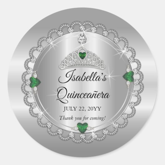 Elegant Emerald Green | Diamond Crown Quinceañera Ronde Sticker (Voorkant)