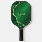 Elegant Emerald Green en Black Agate Monogrammed Pickleball Paddle (Voorkant)
