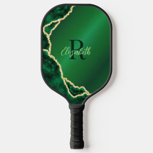 Elegant Emerald Green en Black Agate Monogrammed Pickleball Paddle (Voorkant)