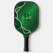 Elegant Emerald Green en Black Agate Monogrammed Pickleball Paddle (Achterkant)