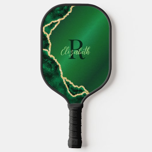 Elegant Emerald Green en Black Agate Monogrammed Pickleball Paddle (Achterkant)