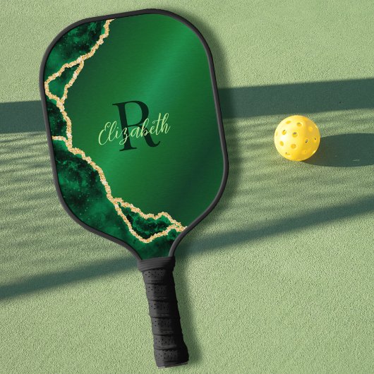 Elegant Emerald Green en Black Agate Monogrammed Pickleball Paddle