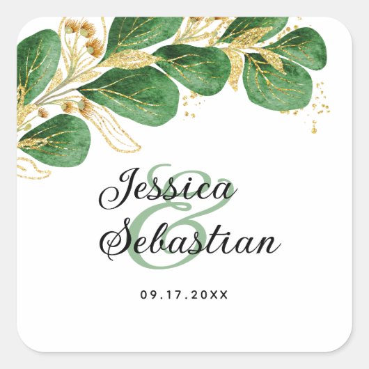 Elegant Emerald Green en Gold Eucalyptus Wedding Vierkante Sticker (Voorkant)