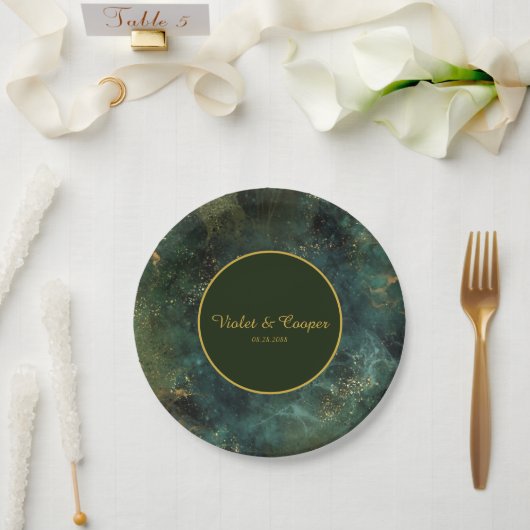 Elegant Emerald Green en Gold Flecks Wedding Pape Papieren Bordje (Huwelijk)
