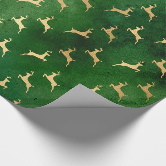 Elegant Emerald Green en Gold Reindeer Kerstmis Cadeaupapier (Hoek)