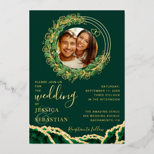 Elegant Emerald Green en Gold Wedding Folie Uitnodiging (Voorkant)