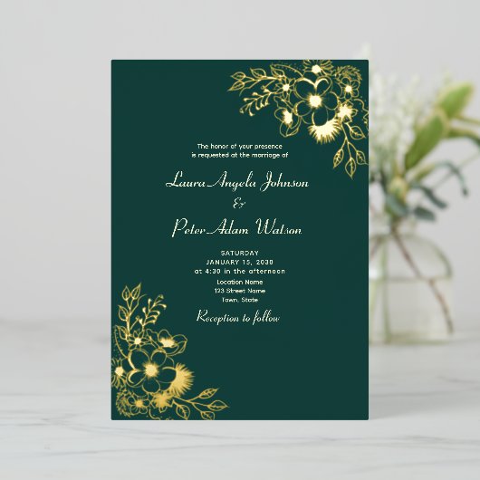 Elegant Emerald Green en Gold Wedding Folie Uitnodiging (Staand Voorkant)