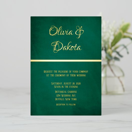 Elegant Emerald Green en Gold Wedding Folie Uitnodiging (Staand Voorkant)