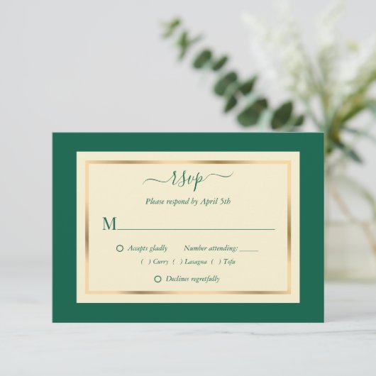 Elegant Emerald Green en Gold Wedding RSVP-Kaarten RSVP Kaartje (Staand voorkant)