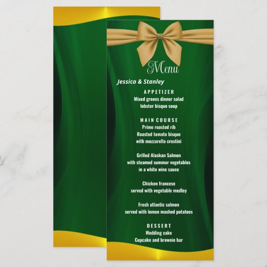 Elegant emerald Green en GoldWedding Dinner Menu (Voorkant / Achterkant)