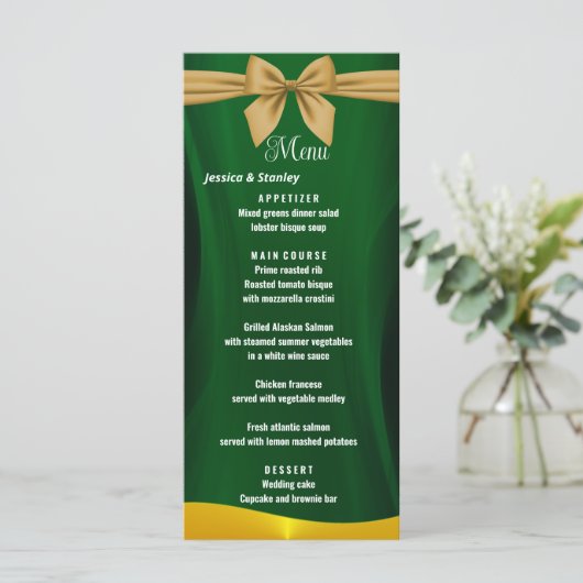 Elegant emerald Green en GoldWedding Dinner Menu (Staand voorkant)