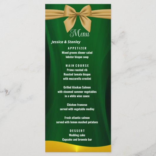 Elegant emerald Green en GoldWedding Dinner Menu (Voorkant)